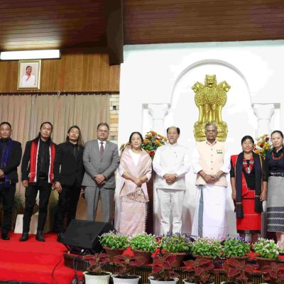 Governor La Ganesan, CM Neiphui Rio along with his lady wife, CS J. Alam and Governor's Awardees for distinction in the fields of arts, music and Literature at Raj Bhavan on 15th August 2023