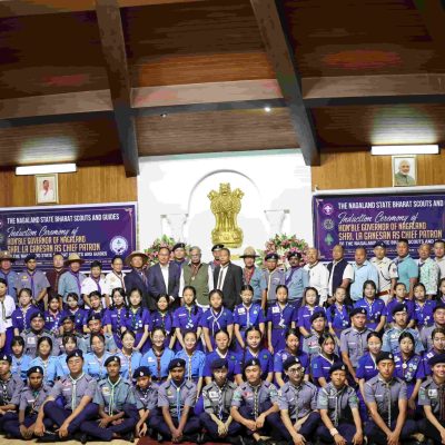 Governor of Nagaland La Ganesan with the NSBSG and officials during the induction of the Chief Patron NSBSG at Raj Bhavan, Kohima on 30 June 2023
